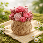 Букет от восъчни цветя в плетена кана