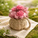 Букет от восъчни цветя в плетена кана