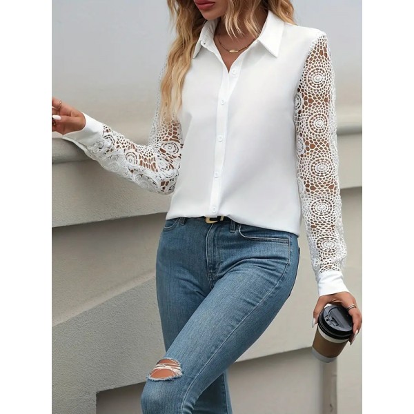 Бяла риза с дантелени ажурни ръкави Бяла риза с дантелени ажурни ръкави